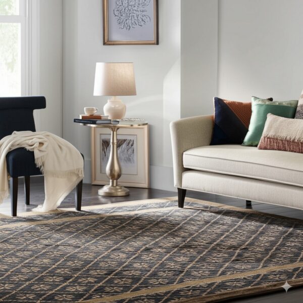 Dark blue and tan diamond patterned rug anchors a living area with a cream sofa and navy chair.