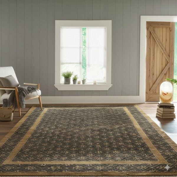 A large charcoal and tan patterned area rug grounds a room with wood floors and gray paneled walls.