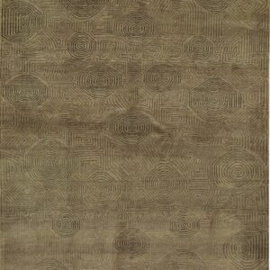 Monochromatic brown rug with low pile and a dense pattern of dark concentric octagons and geometric lines.