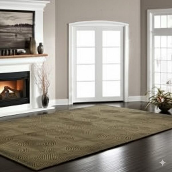A low-pile brown rug with repeating circular patterns covers dark wood flooring in a neutral room with a fireplace.