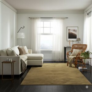 A low-pile tan rug with a concentric circle pattern grounds a white sectional and rattan armchair.