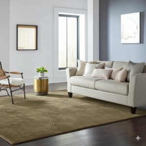 Earthy green rug featuring a concentric circle pattern placed under a beige sofa on dark wood floors.