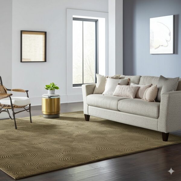 Earthy green rug featuring a concentric circle pattern placed under a beige sofa on dark wood floors.