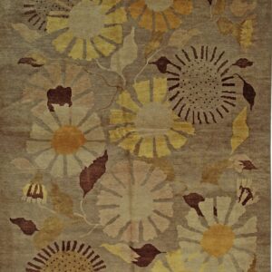 Muted brown rug with a dense floral pattern featuring large stylized yellow, gold, beige, and maroon flowers.