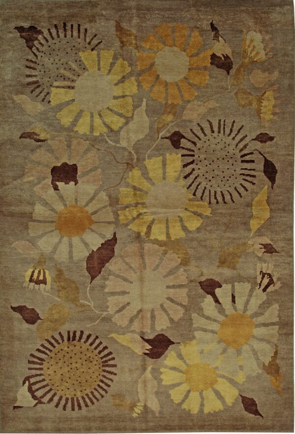 Muted brown rug with a dense floral pattern featuring large stylized yellow, gold, beige, and maroon flowers.
