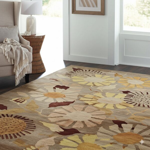 Earth-toned floral rug with yellow and maroon accents on dark wood floors in a well-lit living space.