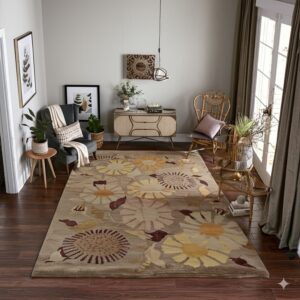 Beige rug with golden yellow and burgundy floral pattern grounds a room with dark wood floors.