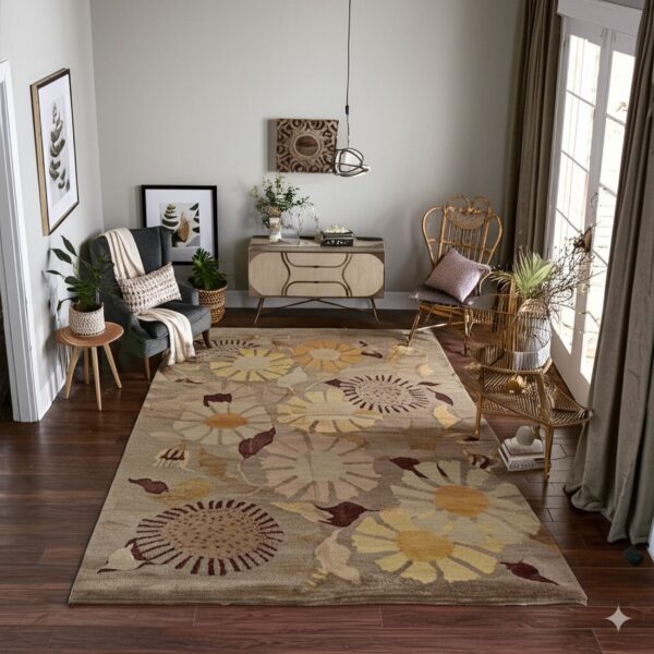 Beige rug with golden yellow and burgundy floral pattern grounds a room with dark wood floors.
