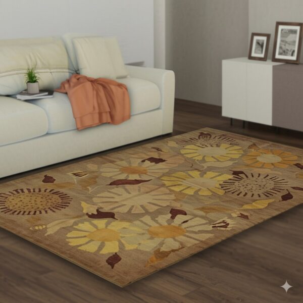 Yellow and brown floral rug on dark wood floors near a light cream sofa with an orange throw.