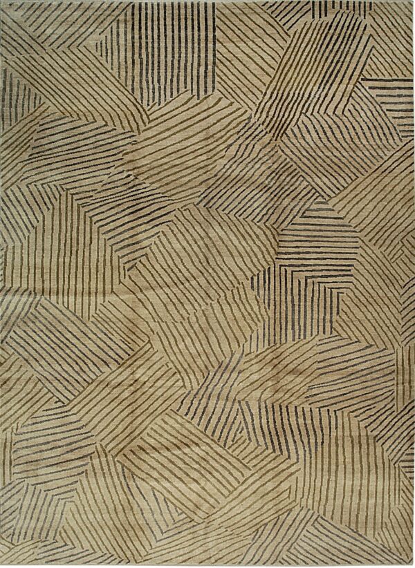 A light tan rug features an abstract geometric pattern of intersecting, irregular stripes in dark brown and olive.