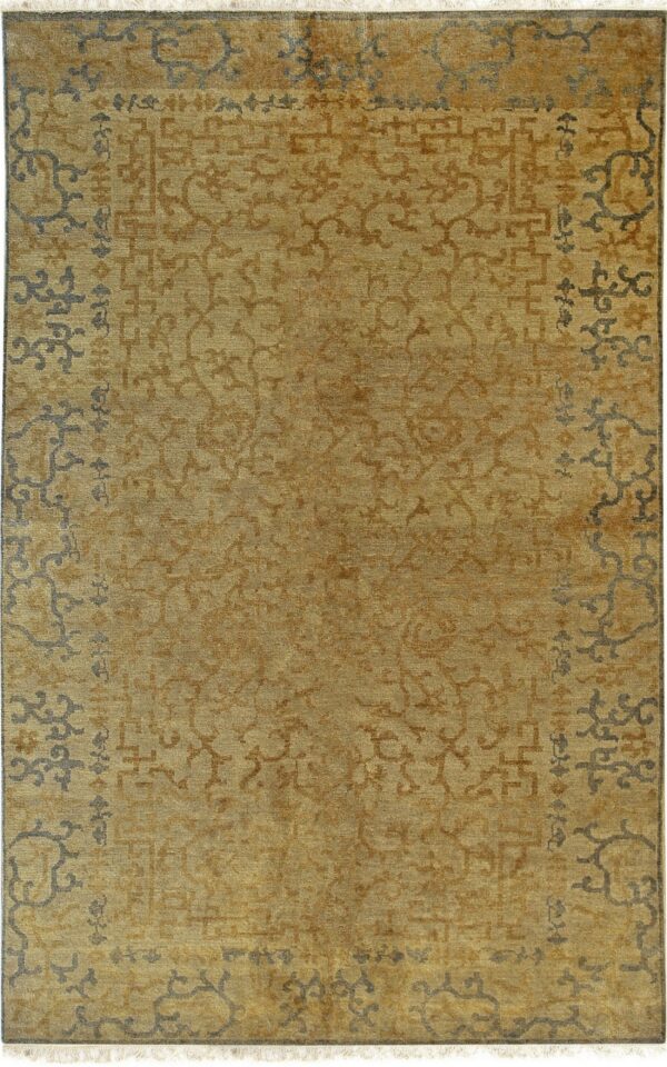 Gold rug with low pile, featuring abstract tone-on-tone motifs and a stylized border in slate gray and brown.