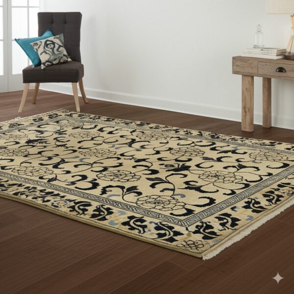 Beige rug with a detailed dark blue floral and vine pattern resting on dark brown wood floors.