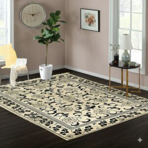 Cream rug with a heavy black traditional floral border and pattern on dark wood flooring.