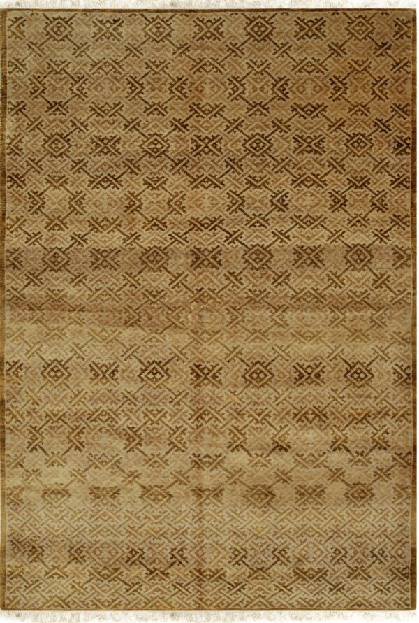 Tan and brown low pile rug featuring a dense, repeating trellis pattern with short white fringes visible.
