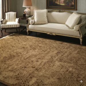 Brown area rug with a repeating lattice pattern next to a scrolled white sofa and patterned armchair.