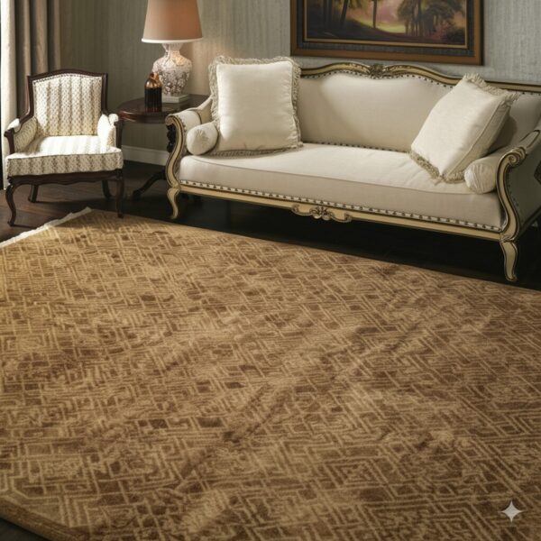 Brown area rug with a repeating lattice pattern next to a scrolled white sofa and patterned armchair.