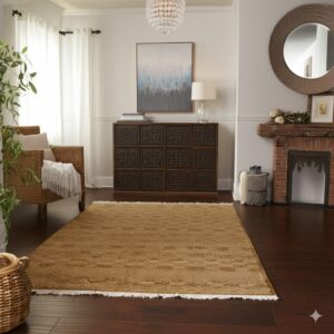 A tan textured rug with white fringe lies on a dark wood floor near a fireplace and wicker chair.