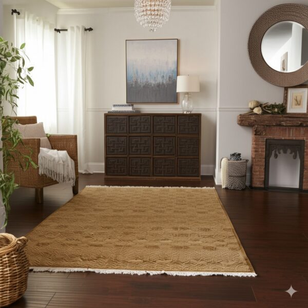 A tan textured rug with white fringe lies on a dark wood floor near a fireplace and wicker chair.