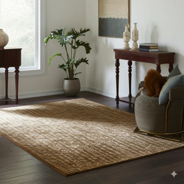 A brown rug with diagonal texture covers dark wood floors beside a console table and armchair.