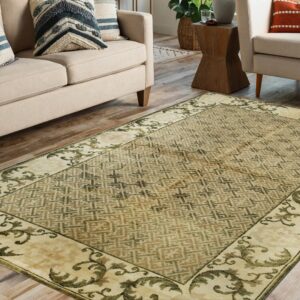 Beige rug with green lattice and scrolling borders anchors a neutral living room with wood flooring.