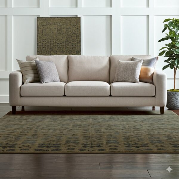 Geometric olive green rug on dark wood floors beneath a light beige sofa.