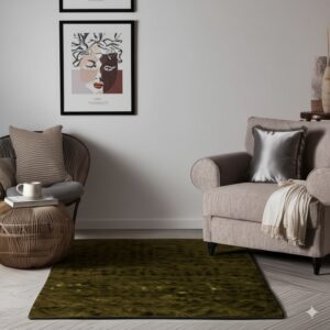 Deep moss green high-pile rug anchors a cozy seating area with neutral furniture and modern wall art.