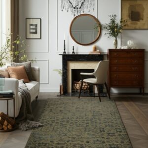 A distressed olive and dark gray patterned rug sits on wood floors in a formal room near a marble fireplace.
