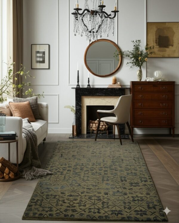 A distressed olive and dark gray patterned rug sits on wood floors in a formal room near a marble fireplace.