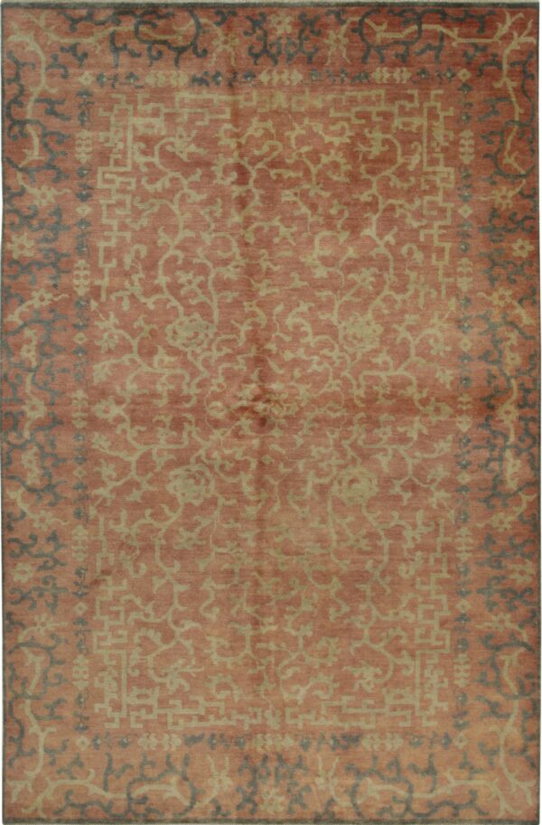 Rectangular rug with a rose field, featuring beige geometric and scrolling patterns with dark gray border accents.