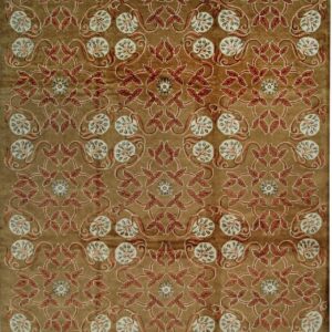 Plush brown rug featuring a dense floral trellis pattern in rust, cream, and pale blue.