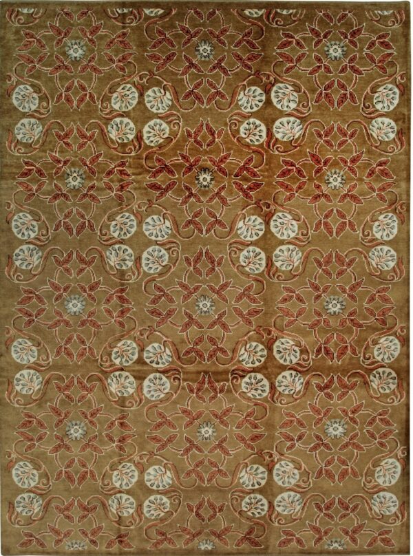 Plush brown rug featuring a dense floral trellis pattern in rust, cream, and pale blue.