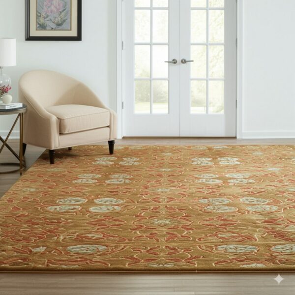 Gold, red, and pale blue floral carved rug displayed on a wood floor next to a beige chair.