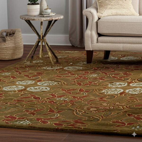 Olive green rug with sculpted red and cream floral designs layered on dark wood flooring beside a beige chair.