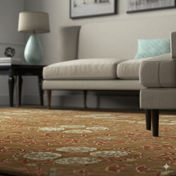 Close-up of a gold rug with detailed red and cream floral patterns under light-colored living room furniture.