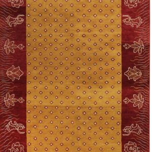 Rectangular gold rug with a pattern of small diamonds and a wide maroon border of stylized figures.