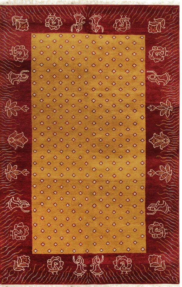 Rectangular gold rug with a pattern of small diamonds and a wide maroon border of stylized figures.