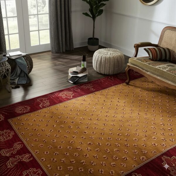 A gold and red traditional rug with ornate motifs rests on dark wood flooring near a cane chair and white pouf.