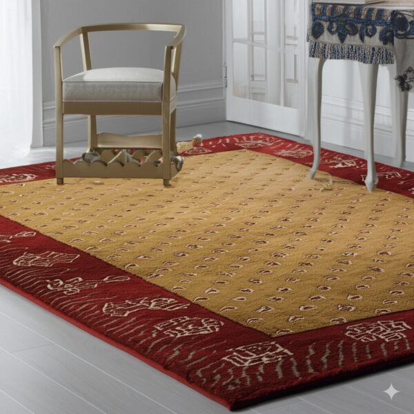 A mustard yellow rug with red borders sits on gray wood floors beneath a gold chair and white table.