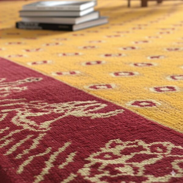 A textured rug features a yellow field with small red ovals and a wide red border with cream geometric designs.