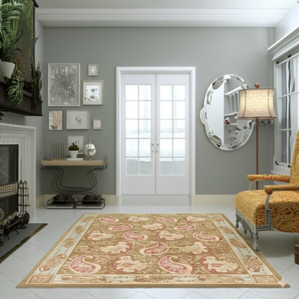 Gold and pink paisley rug on white tile, centered before white french doors in a decorated gray room.