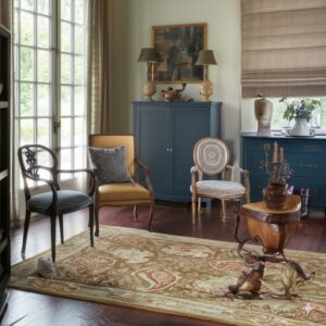 Tan and red low-pile rug with a swirling pattern beneath three eclectic chairs on a dark wood floor.