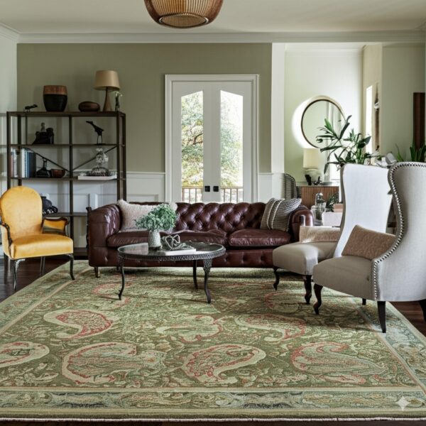Ornate green area rug with red motifs lies beneath a brown leather sofa and light-colored wingback chairs.