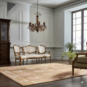 A low-pile beige rug with pink paisley patterns anchors a formal room with dark wood floors.