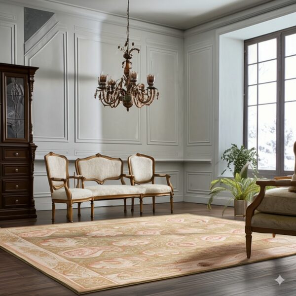 A low-pile beige rug with pink paisley patterns anchors a formal room with dark wood floors.