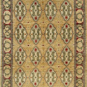 Tan rug with ornate green and red medallions set within a golden field and detailed scrolling border.