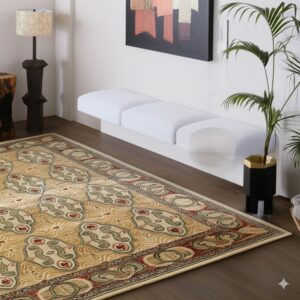 Tan patterned area rug with green and rust accents covers dark wood floor near a white bench.