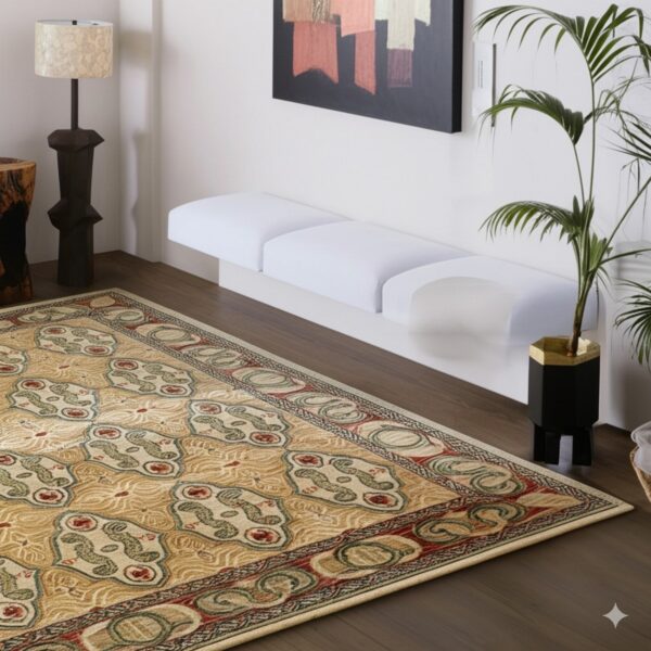 Tan patterned area rug with green and rust accents covers dark wood floor near a white bench.