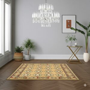 Tan patterned rug featuring red and green accents rests on dark brown herringbone flooring.