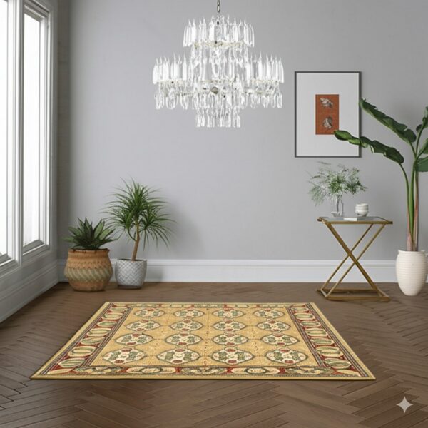 Tan patterned rug featuring red and green accents rests on dark brown herringbone flooring.