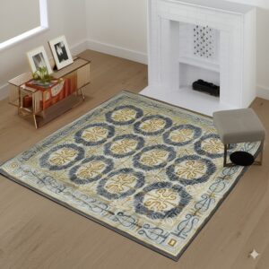 A low pile rug with gold and gray geometric medallions rests on light wood flooring.